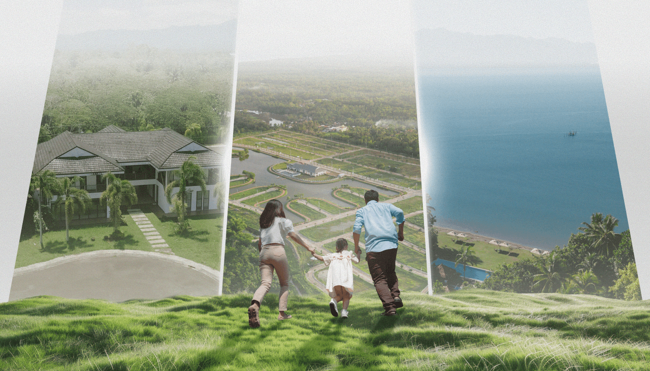 A family walking hand in hand across a grassy hill, with aerial views of Hijo communities, gardens, and coastline