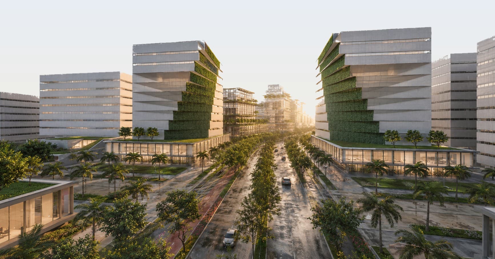 Architectural rendering of Hijo Central, modern buildings with planted facades along a tree-lined boulevard
