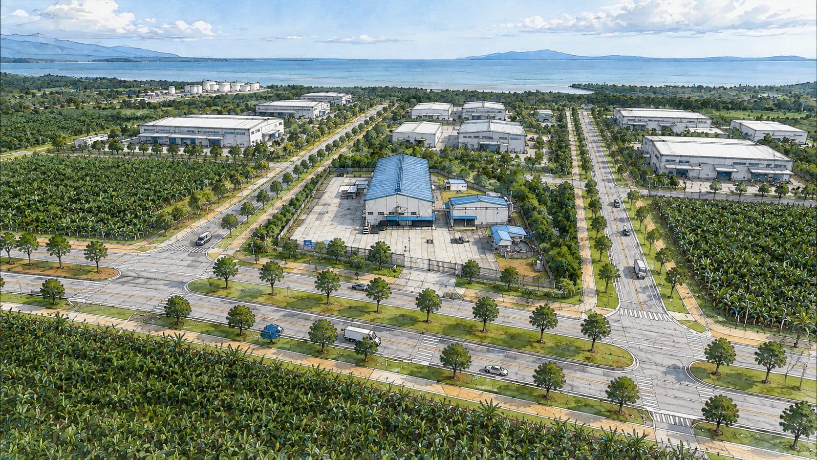 Aerial view of an industrial estate beside the sea